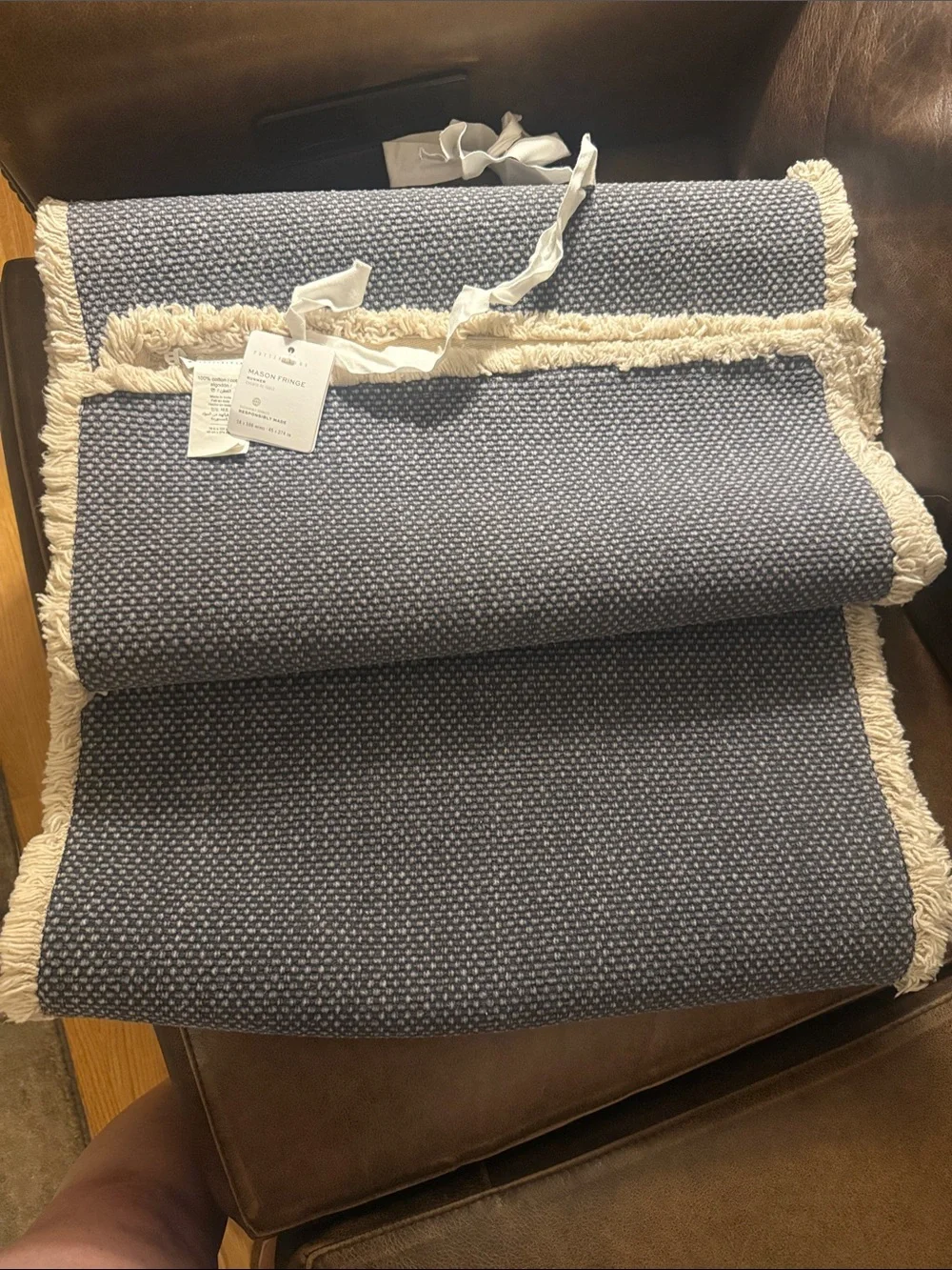 Pottery Barn Navy Blue w Cream Fringe Table Runner